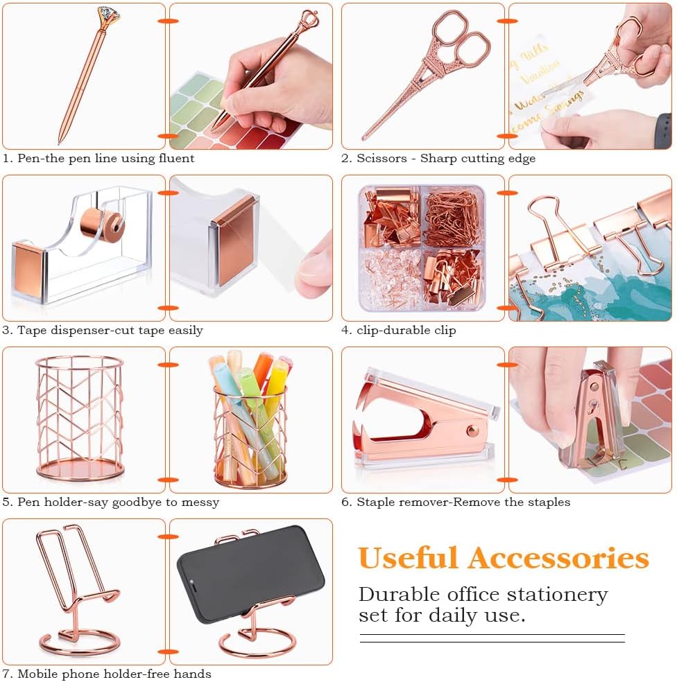 Rose Gold Office Supplies and Accessories, Acrylic Stapler, Staple Remover, Tape Dispenser, Pen Holder, Phone Holder, Scissors, Paper Clips, Binder Clips, 2 Pen and 1000 pcs Staples - Image 4